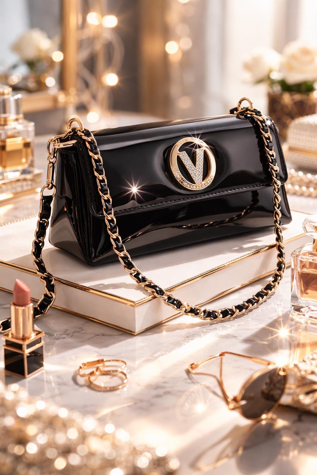 Black patent leather evening clutch with crystal V clasp and gold chain crossbody strap by Lace & Luxe.