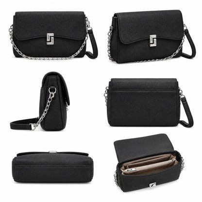 Black pebbled leather crossbody bag with chain strap, small flap design, suitable as a white shoulder purse for women.