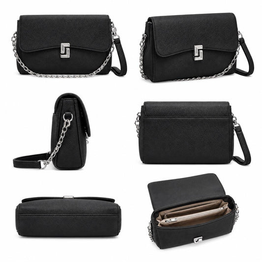 Black pebbled leather crossbody bag with chain strap, small flap design, suitable as a white shoulder purse for women.