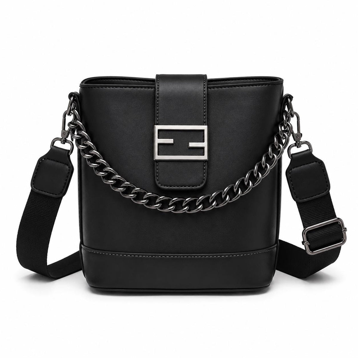Genuine leather shoulder crossbody bag with chain details from Lace & Luxe, stylish bucket design for everyday use.