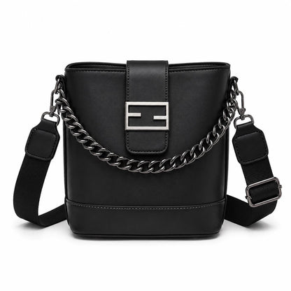 Genuine leather shoulder crossbody bag with chain details from Lace & Luxe, stylish bucket design for everyday use.