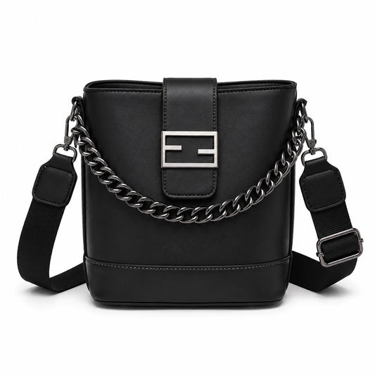 Genuine leather shoulder crossbody bag with chain details from Lace & Luxe, stylish bucket design for everyday use.