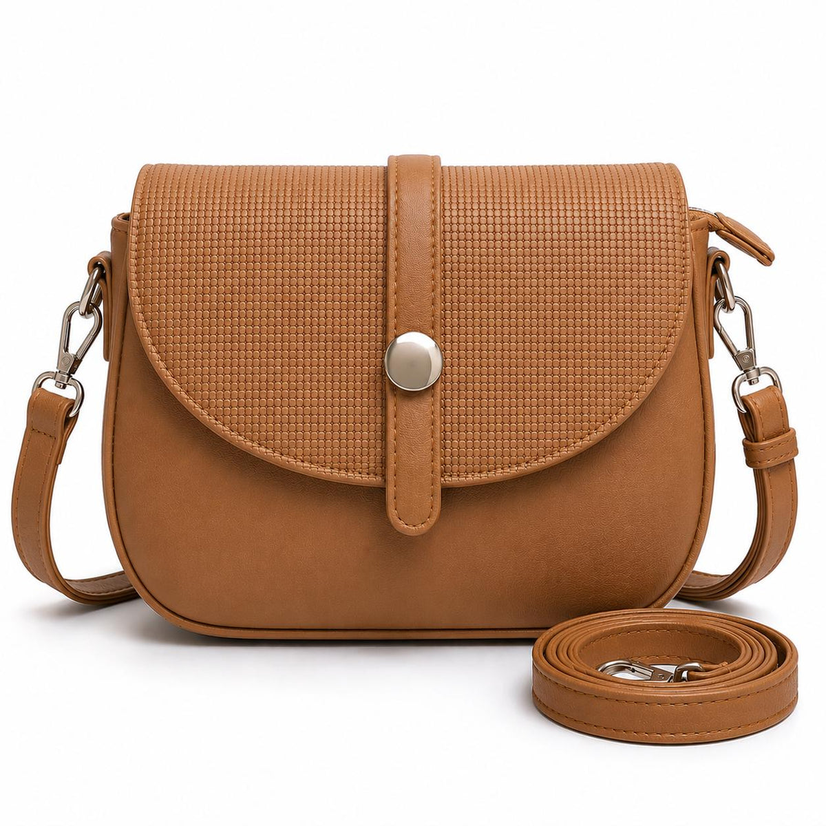 Lace & Luxe vegan leather saddle crossbody bag with adjustable strap and boho style handbag on white background