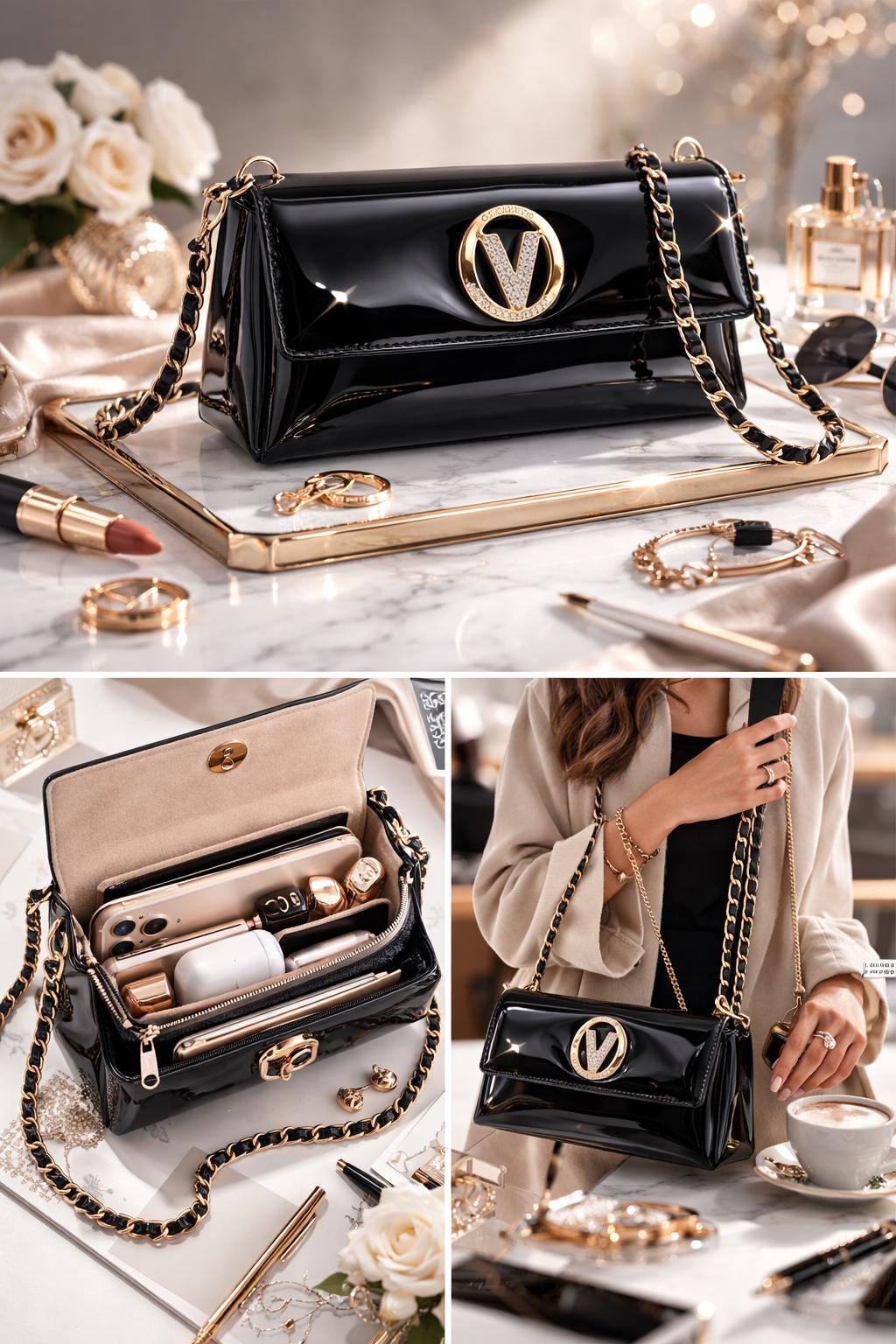 Black patent leather evening clutch with gold chain strap and crystal V clasp purse by Lace & Luxe.