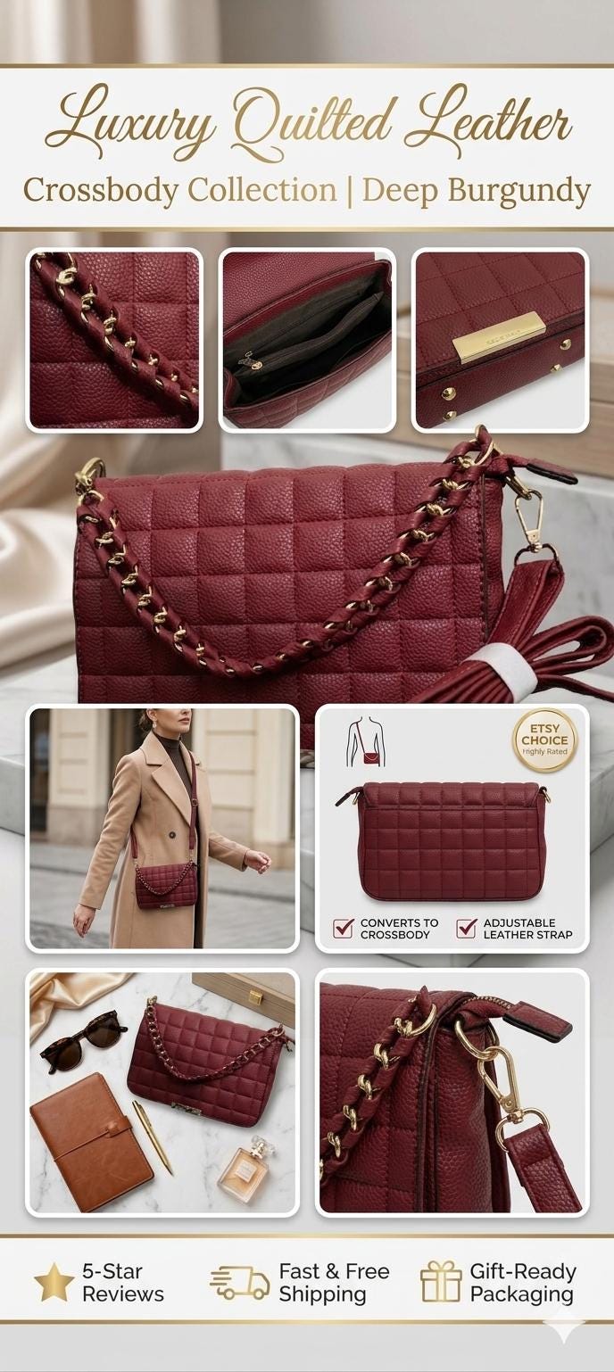 Lace & Luxe quilted leather crossbody bag with gold chain handle, stylish handbag with sleek design and compact size.