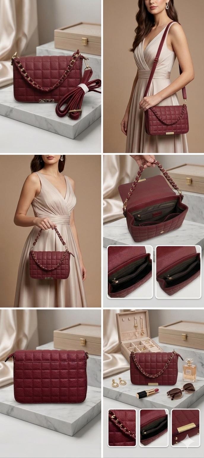 Lace & Luxe quilted leather crossbody bag with gold chain handle, stylish handbag with padded design and elegant stitching.