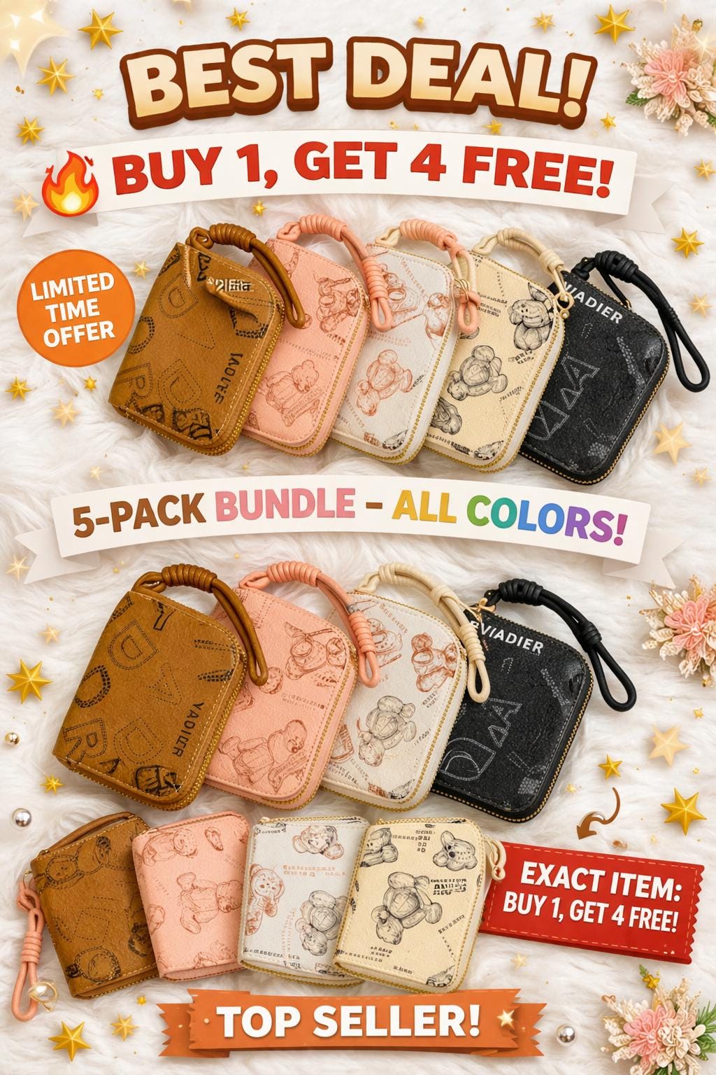 Set of five Teddy Bear coin purses and mini zip wallets with wristlet straps, perfect for gift or everyday use.