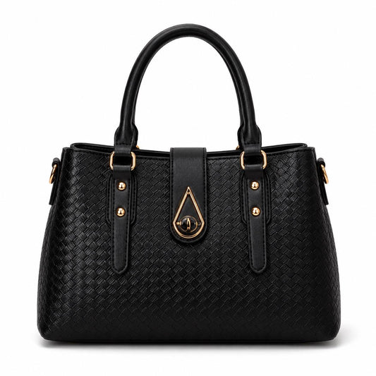 Lace & Luxe woven vegan leather satchel handbag set with wallet, top handle, and crossbody tote in natural brown tones.