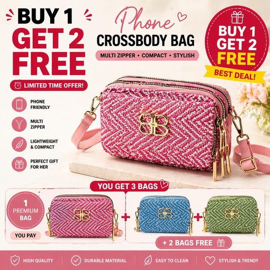 Woven multi-zipper phone crossbody bag in pink, blue, and green with shoulder strap, stylish and functional design.
