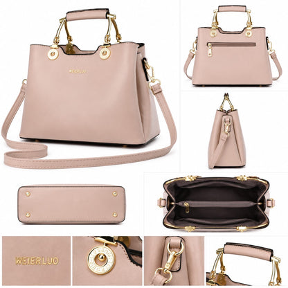 Blush pink structured satchel handbag by Lace & Luxe featuring gold hardware, vegan leather top handle and crossbody strap.