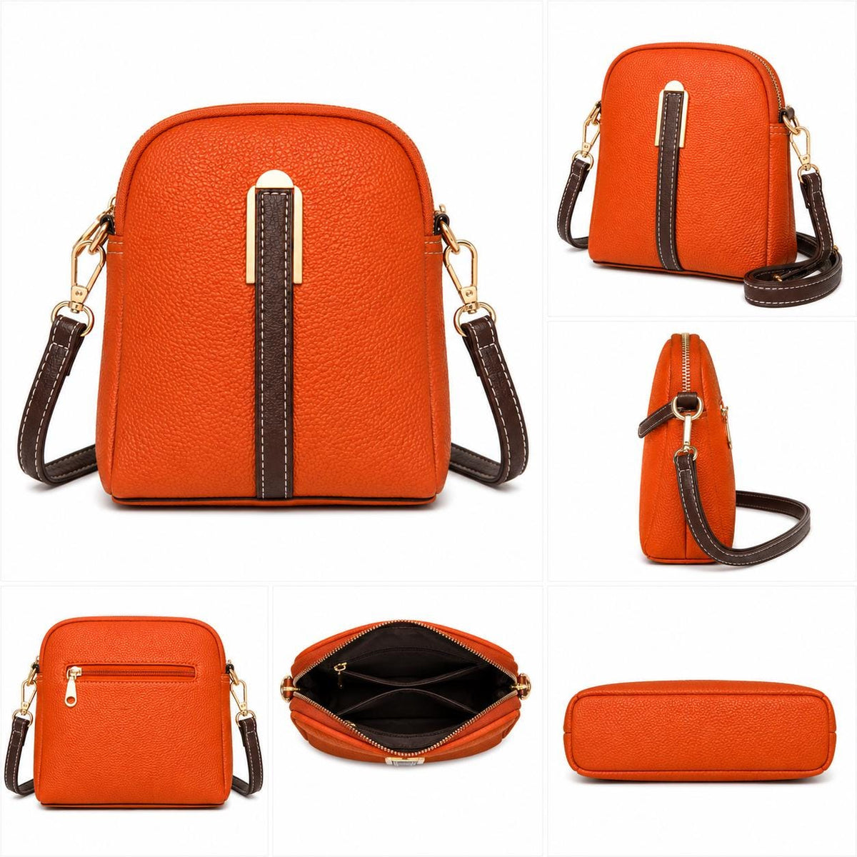 Black leather crossbody phone bag with gold hardware, mini shoulder purse from Lace & Luxe, showing front view with adjustable strap