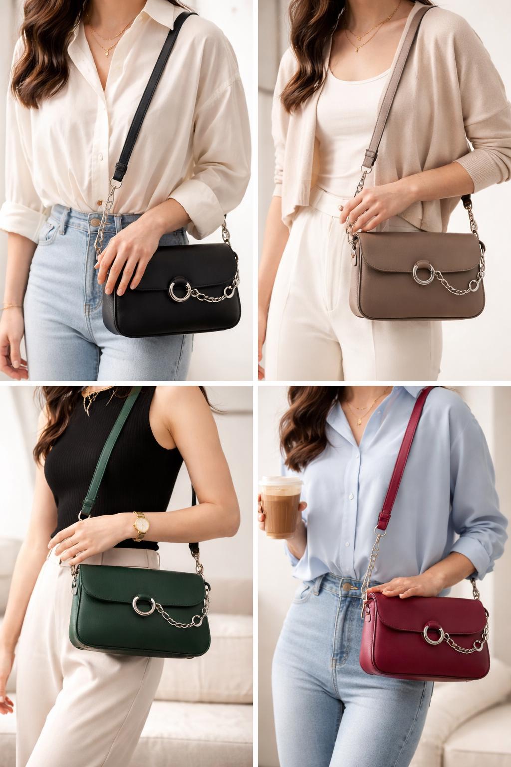 Lace & Luxe leather crossbody bag with chain strap, stylish shoulder purse for everyday use, featuring a sleek design and compact size.