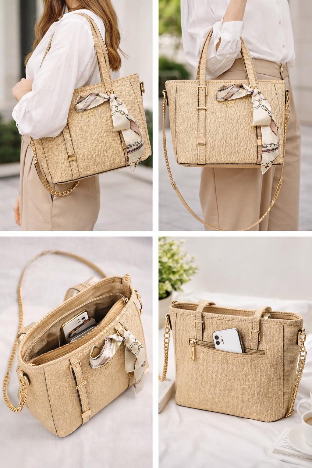 Lace & Luxe structured tote bag with woven design, includes a stylish scarf, elegant office handbag for professional use