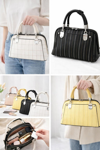 Lace & Luxe structured leather mini tote bag with top handle, elegant ladies handbag in black with gold accents.
