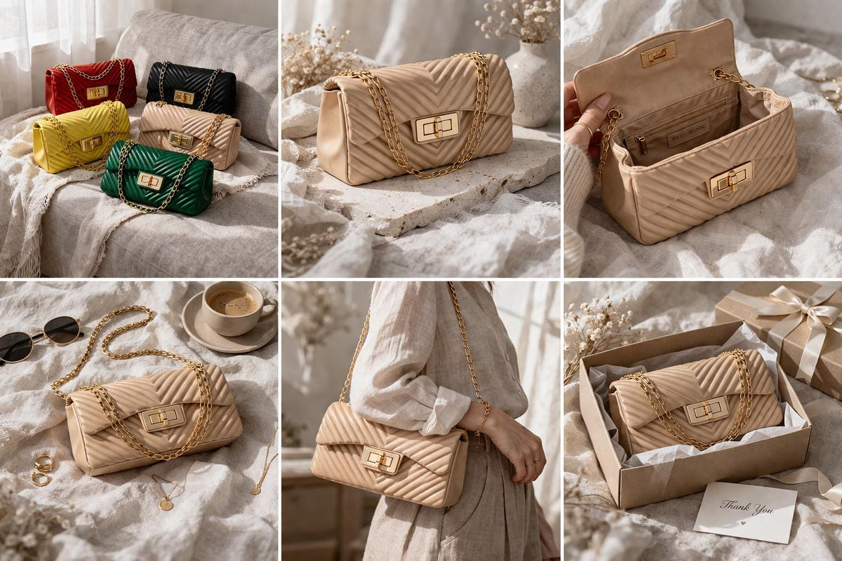 Lace & Luxe quilted chevron pattern crossbody bag with gold chain shoulder strap, stylish handbag for casual or formal wear.