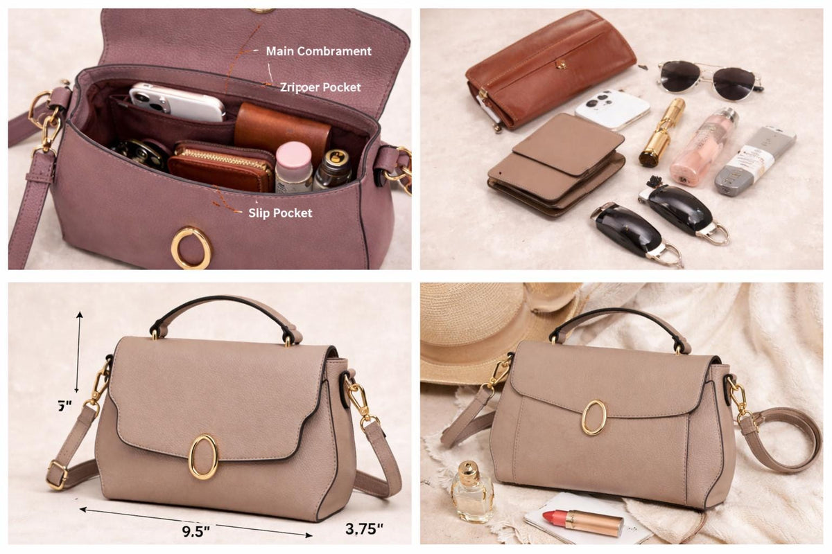 Lace & Luxe leather crossbody bag with multiple compartments and adjustable strap, minimalist shoulder purse on a neutral background.