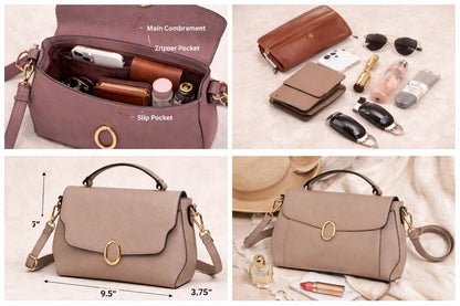 Lace & Luxe leather crossbody bag with multiple compartments and adjustable strap, minimalist shoulder purse on a neutral background.