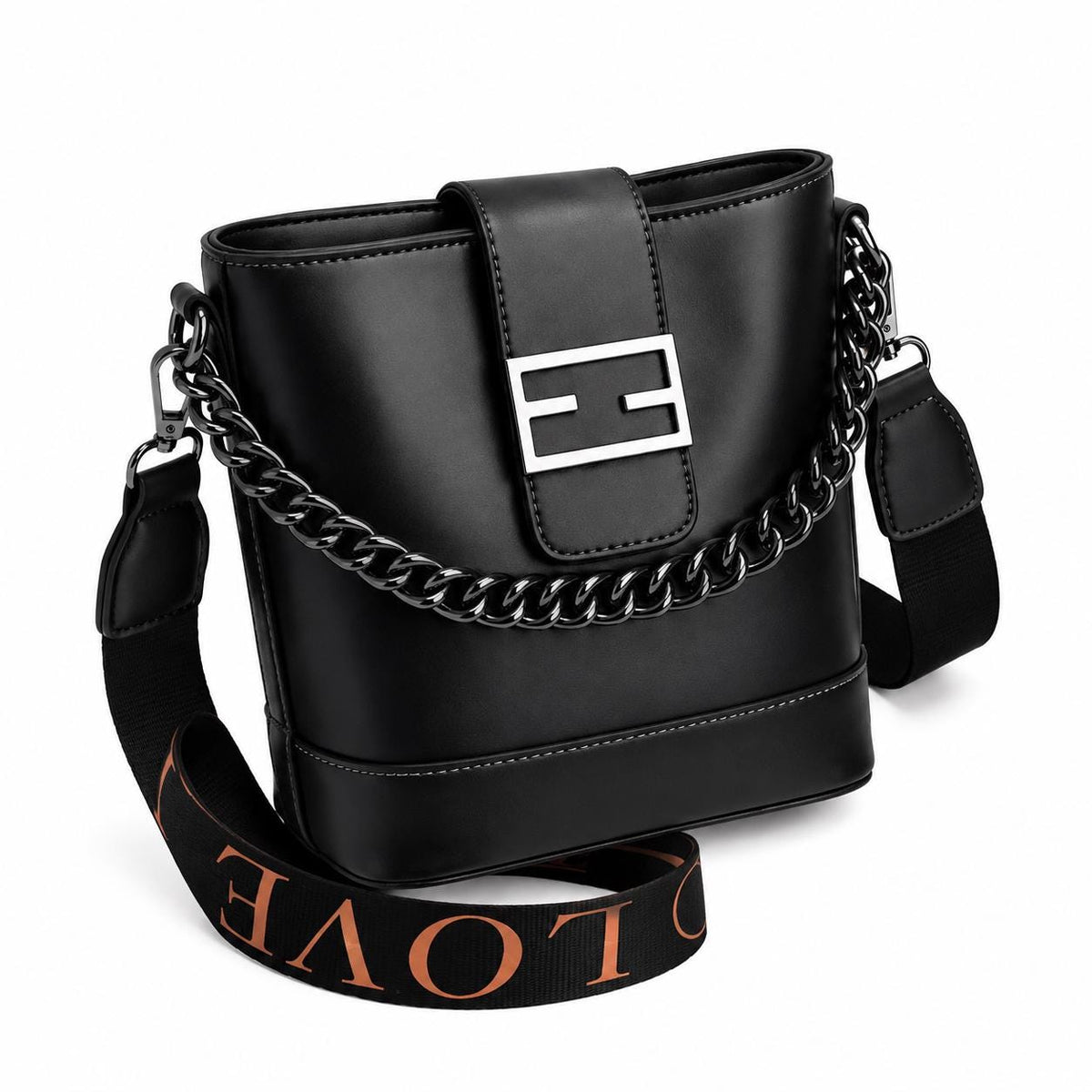Genuine leather shoulder bag with chain strap from Lace & Luxe, stylish crossbody bucket bag in chic design.