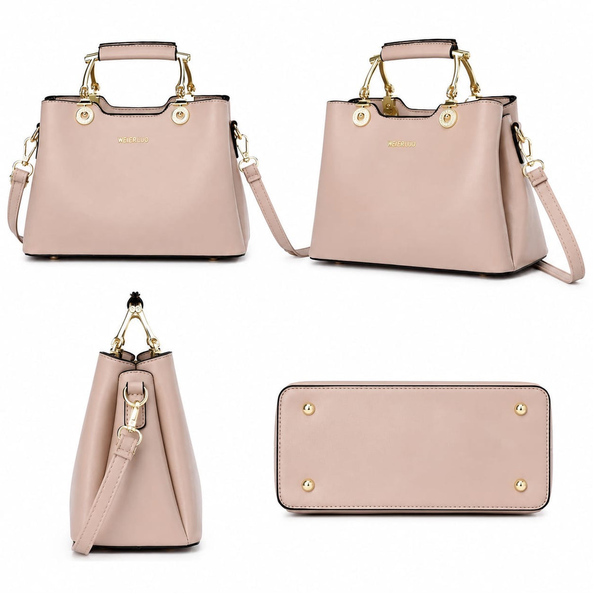 Blush pink structured satchel handbag with gold hardware and top handle, vegan leather crossbody purse for women.