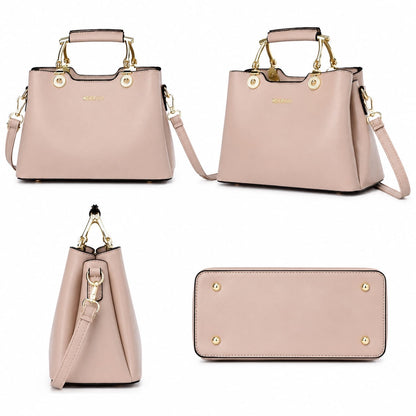 Blush pink structured satchel handbag with gold hardware and top handle, vegan leather crossbody purse for women.