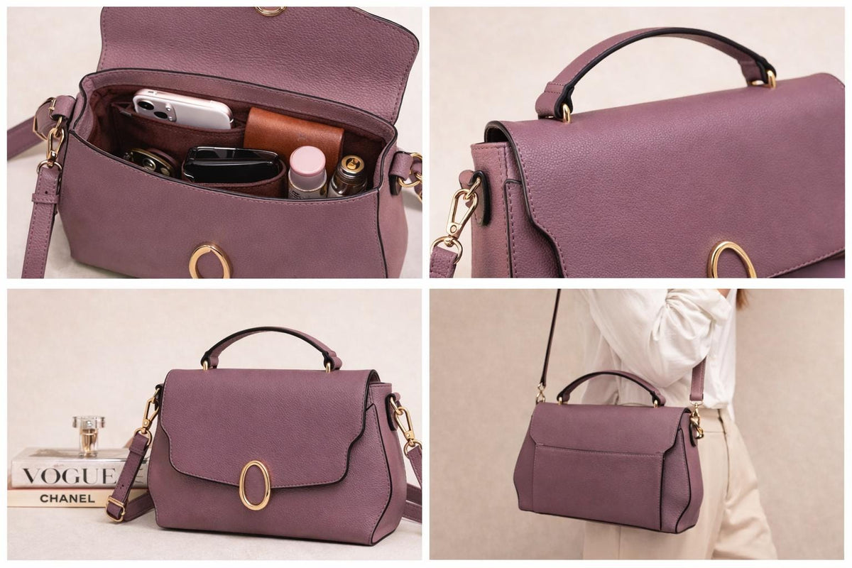 Lace & Luxe leather crossbody bag with multiple compartments, adjustable strap, minimalist design, and sleek black finish.
