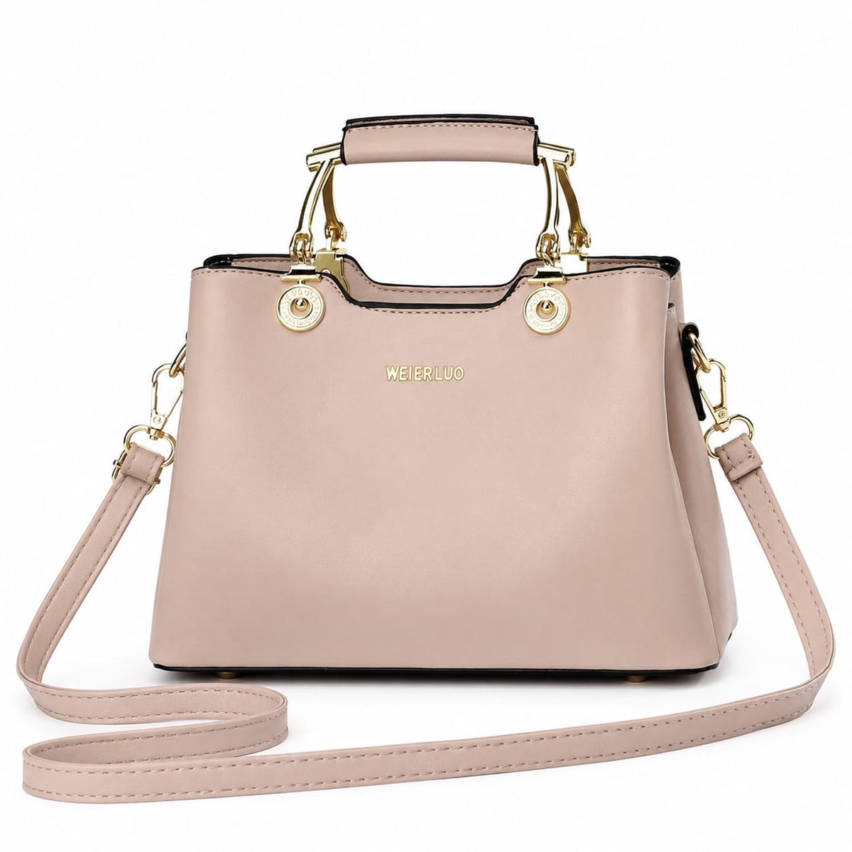 Blush pink structured satchel handbag with gold hardware, vegan leather top handle, and crossbody strap for women by Lace & Luxe