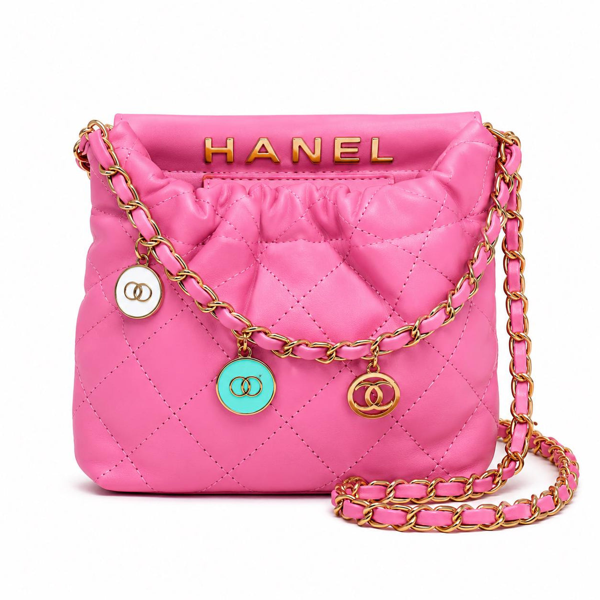 Hot pink quilted faux leather crossbody bag with gold chain shoulder strap from Lace & Luxe, showcasing its stylish design and textured surface.