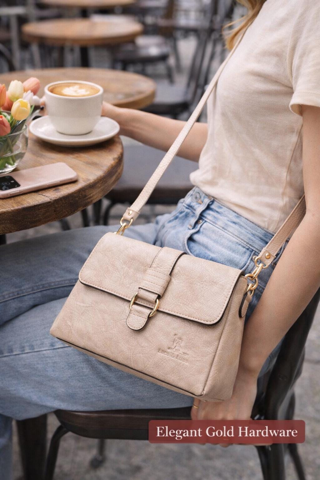 Lace & Luxe genuine leather crossbody bag for women with adjustable strap, small shoulder purse, and sleek design.