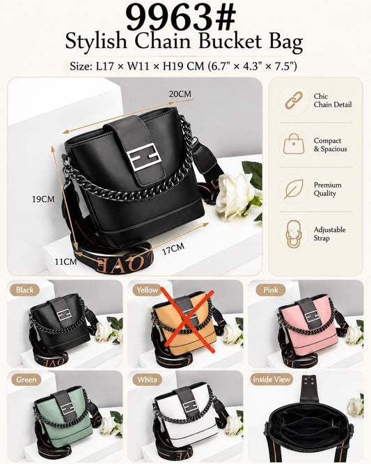 Genuine leather shoulder crossbody bag by Lace & Luxe with chain detail, stylish bucket design for everyday use.