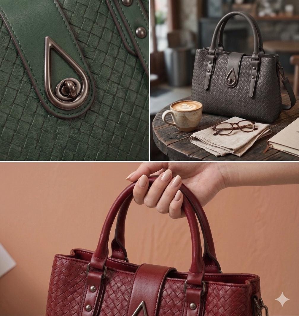 Lace & Luxe woven vegan leather satchel handbag set with wallet, featuring a top handle, crossbody strap, and tote style.