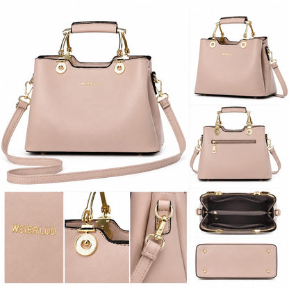 Blush pink structured satchel handbag with gold hardware, vegan leather, top handle, and crossbody strap, by Lace & Luxe.