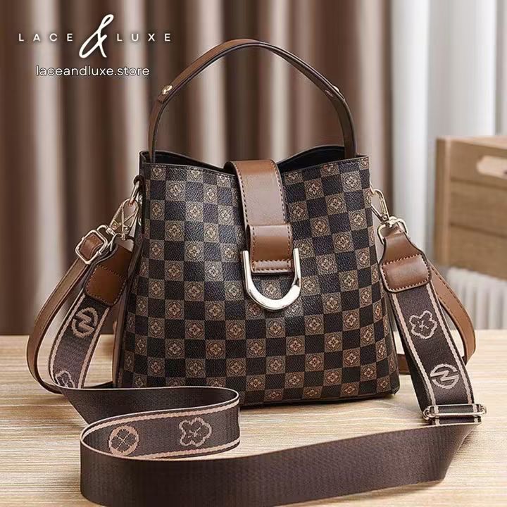 Checkered Print Bucket Handbag with Detachable Guitar Strap – Women's Crossbody & Shoulder Bag