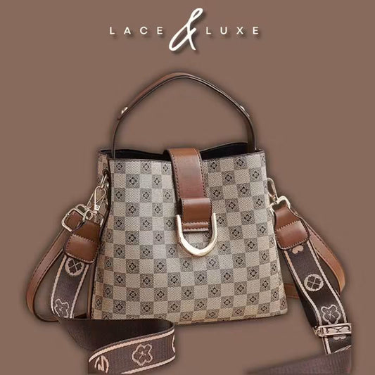 Checkered Print Bucket Handbag with Detachable Guitar Strap – Women's Crossbody & Shoulder Bag