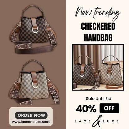 Checkered Print Bucket Handbag with Detachable Guitar Strap – Women's Crossbody & Shoulder Bag