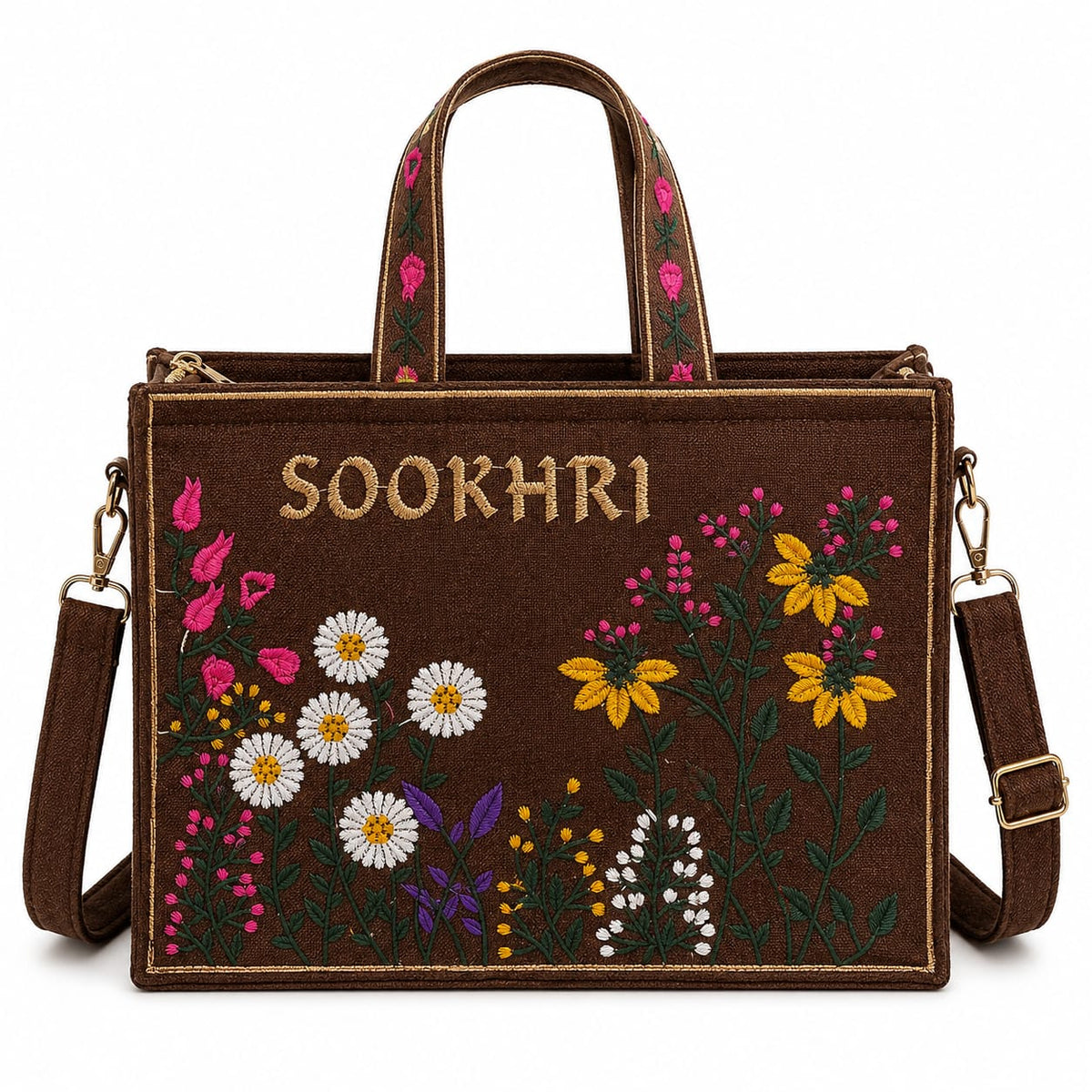 Sookhri Embroidered Floral Tote Bag – Canvas Crossbody Bag with Wildflower Embroidery for Women
