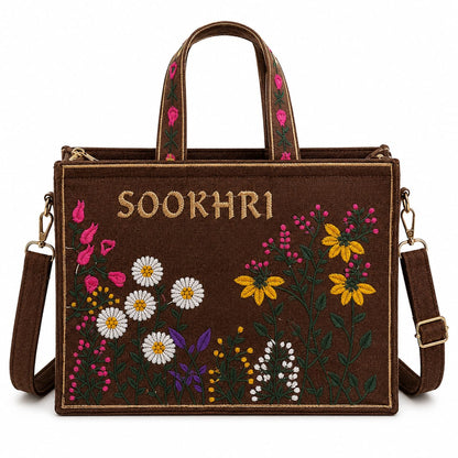 Sookhri Embroidered Floral Tote Bag – Canvas Crossbody Bag with Wildflower Embroidery for Women