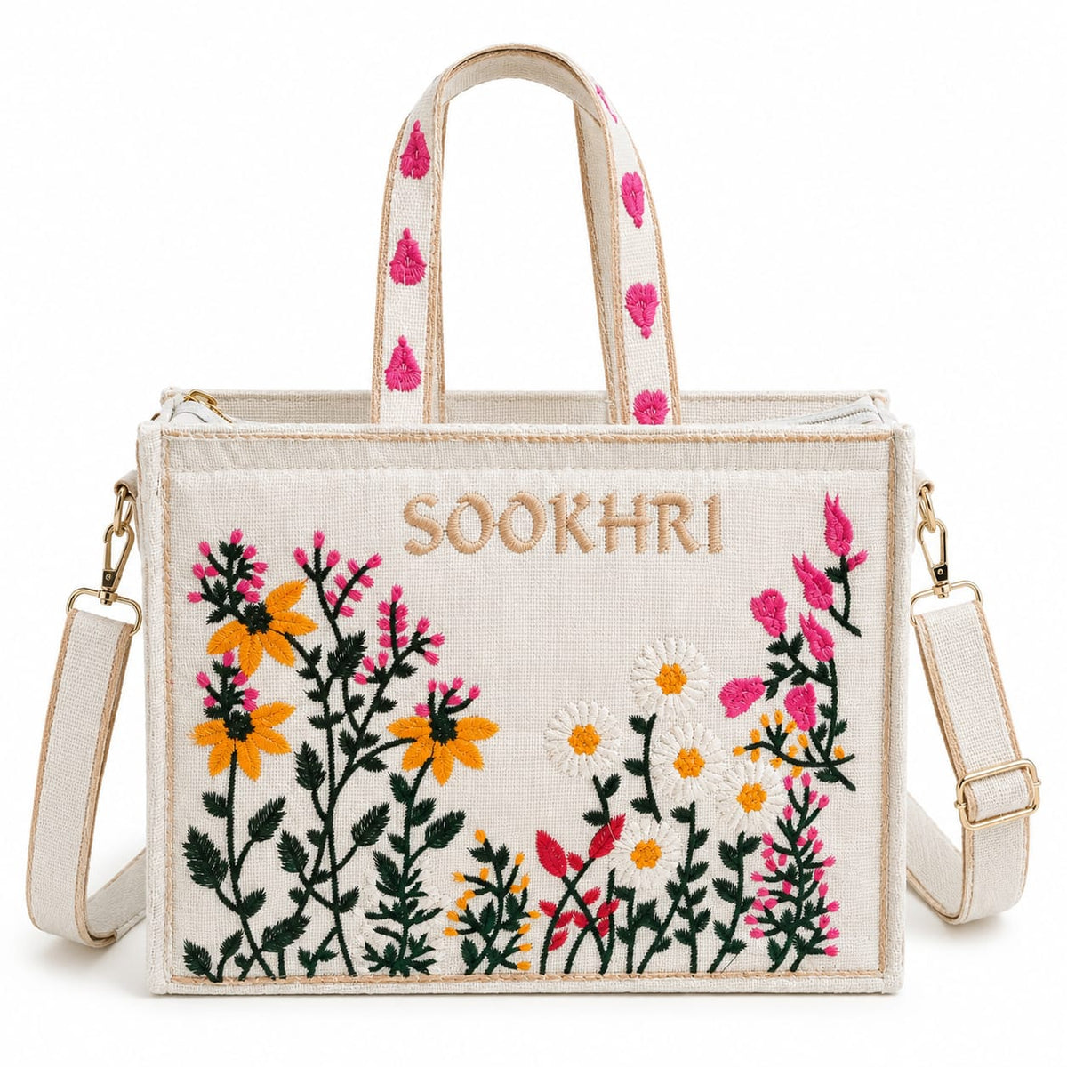 Sookhri Embroidered Floral Tote Bag – Canvas Crossbody Bag with Wildflower Embroidery for Women