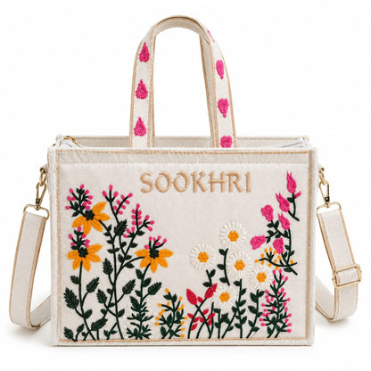 Sookhri Embroidered Floral Tote Bag – Canvas Crossbody Bag with Wildflower Embroidery for Women