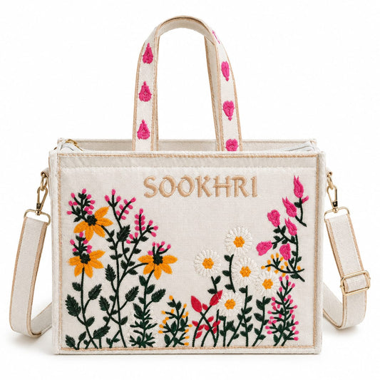 Sookhri Embroidered Floral Tote Bag – Canvas Crossbody Bag with Wildflower Embroidery for Women