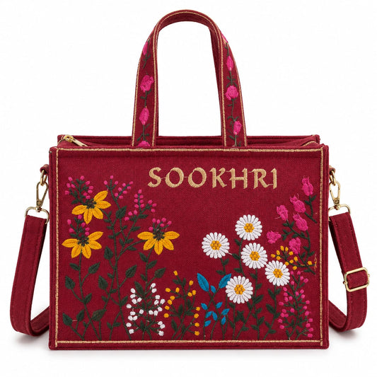 Sookhri Embroidered Floral Tote Bag – Canvas Crossbody Bag with Wildflower Embroidery for Women