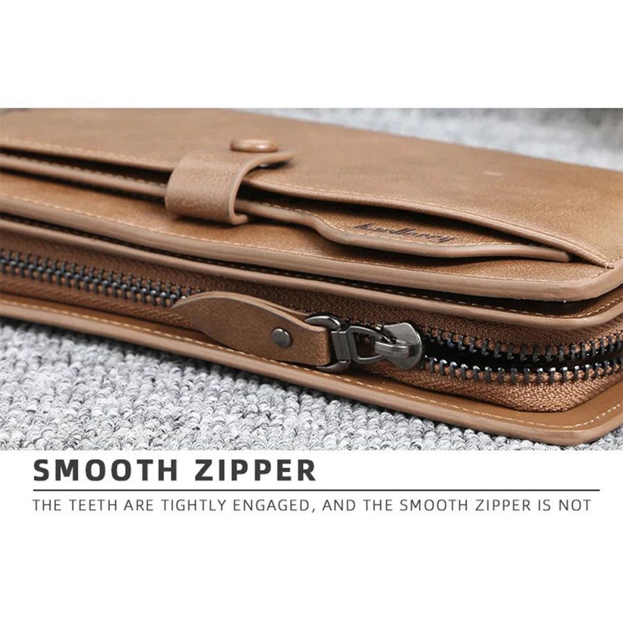Men's Long Wallet Zipper Clutch Purse Phone Holder Wrist Strap Card Cash Organizer