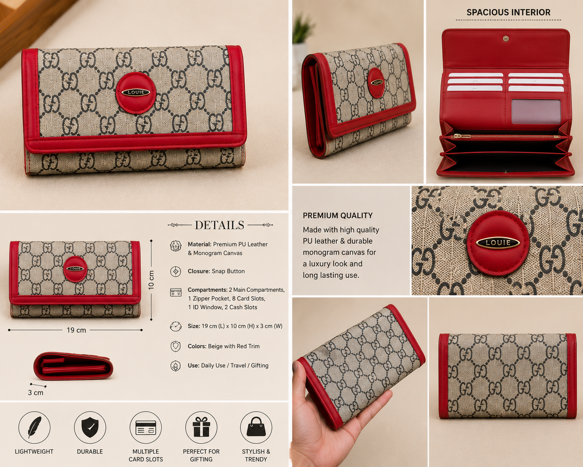 Louie Dennis Vintage Monogram Flap Wallet – Faux Leather Canvas Clutch Purse