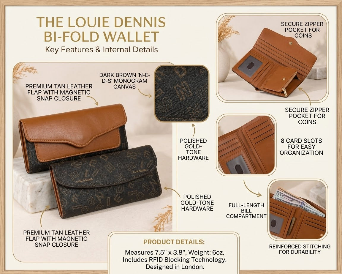 Louie Dennis Vintage Monogram Flap Wallet – Faux Leather Canvas Clutch Purse