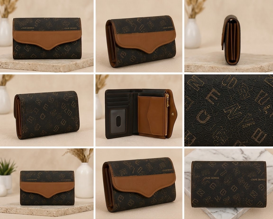 Louie Dennis Vintage Monogram Flap Wallet – Faux Leather Canvas Clutch Purse