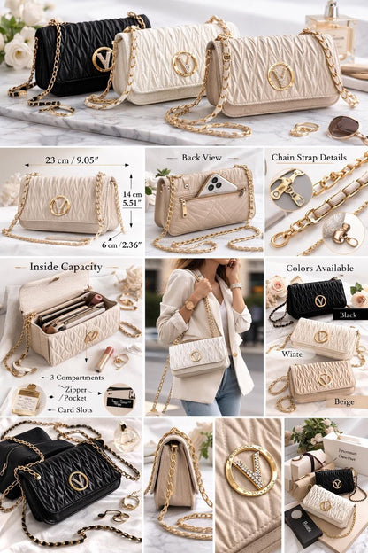 Lace & Luxe quilted gold chain crossbody bag with elegant mini handbag design, perfect for evening clutch or shoulder use.