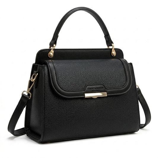 Lace & Luxe pebbled leather handbag with structured top handle and crossbody strap, stylish women's purse in black leather