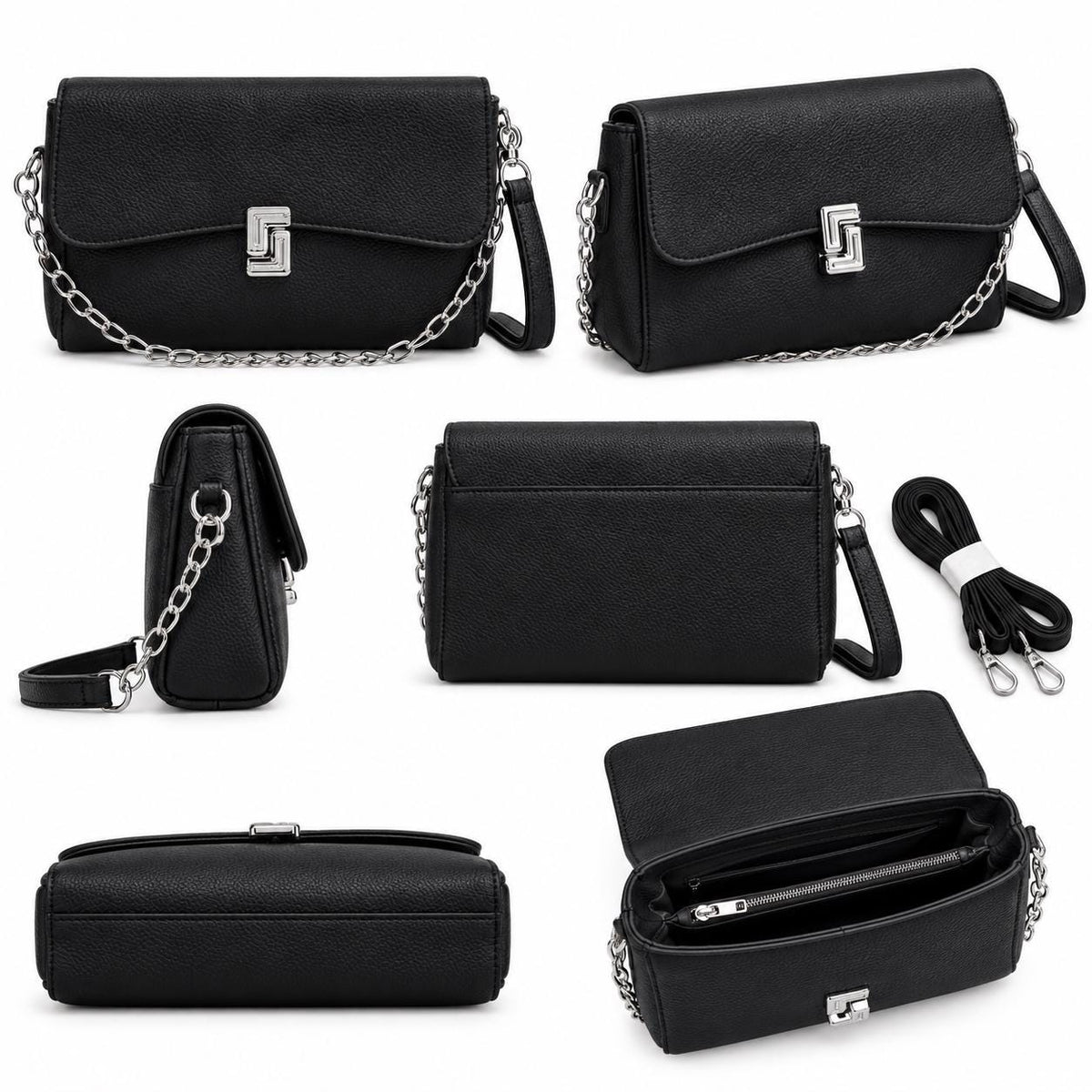 Black pebbled leather crossbody bag with chain strap, small flap design, versatile white shoulder purse by Lace & Luxe