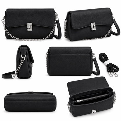 Black pebbled leather crossbody bag with chain strap, small flap design, versatile white shoulder purse by Lace & Luxe