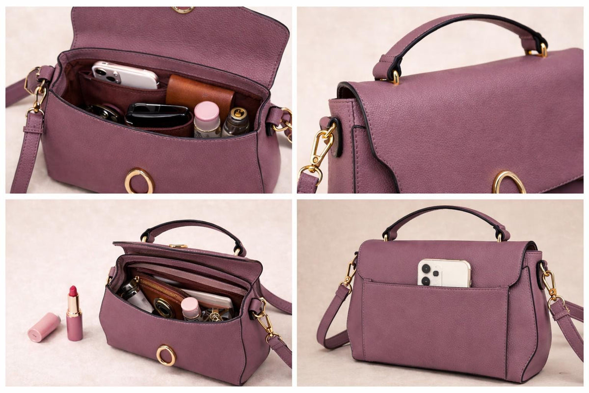 Lace & Luxe leather crossbody bag with multiple compartments, adjustable strap, minimalist design, and sleek shoulder purse style.