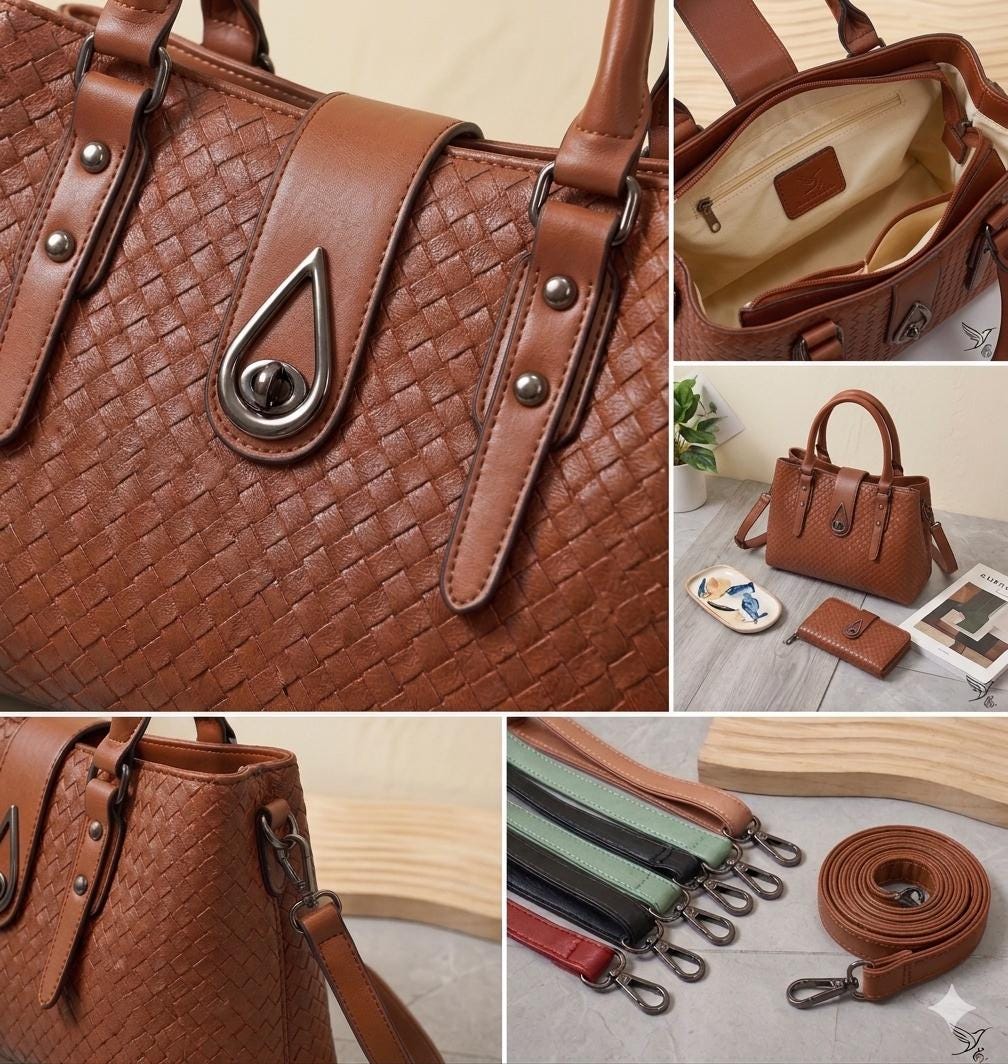 Lace & Luxe woven vegan leather satchel handbag set with wallet, top handle crossbody tote in neutral tones, stylish and versatile.